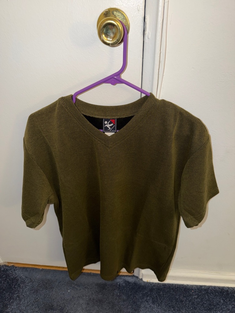 Olive Green V-Neck Knit Tee with Logo Tag